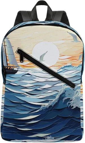 Ocean Waves Sailboat with Birds Maritime Travel Backpack for Women Men 2 Compartment Laptop Backpacks Laptop Bag Casual Daypack