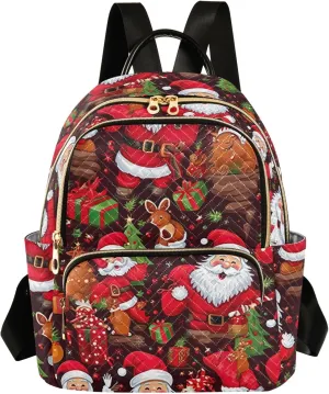 ODAWA Christmas Santa Clause Print Quilted Backpack Purse Small Backpack Purse for Women Anti Theft Backpack