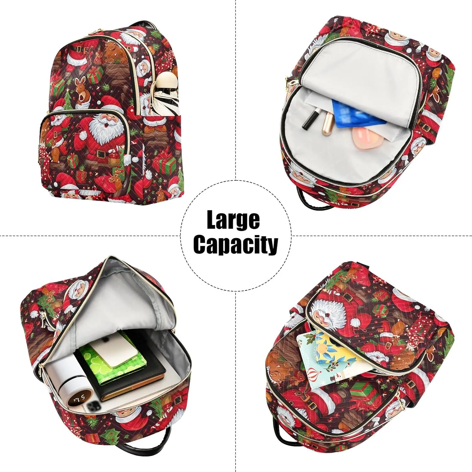 ODAWA Christmas Santa Clause Print Quilted Backpack Purse Small Backpack Purse for Women Anti Theft Backpack