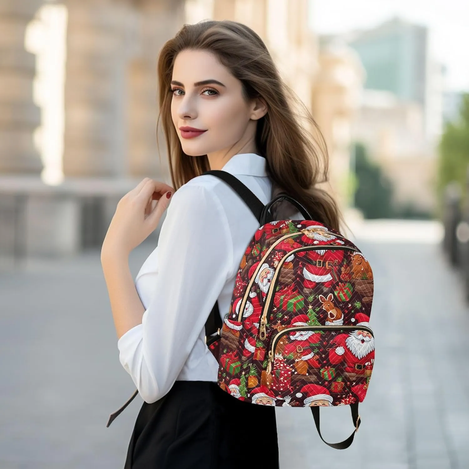 ODAWA Christmas Santa Clause Print Quilted Backpack Purse Small Backpack Purse for Women Anti Theft Backpack