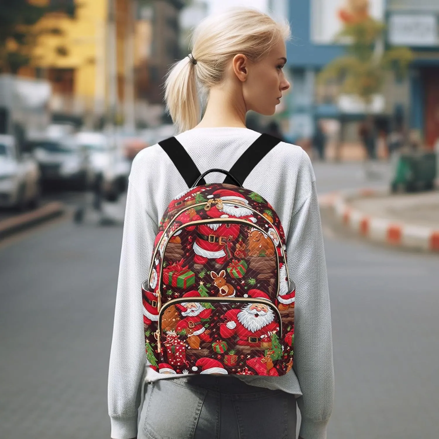 ODAWA Christmas Santa Clause Print Quilted Backpack Purse Small Backpack Purse for Women Anti Theft Backpack