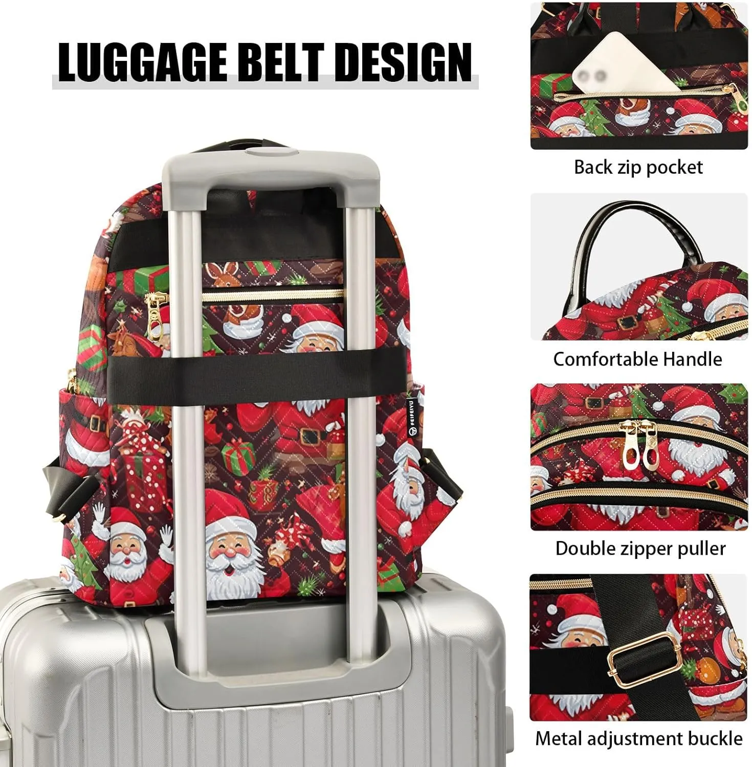 ODAWA Christmas Santa Clause Print Quilted Backpack Purse Small Backpack Purse for Women Anti Theft Backpack