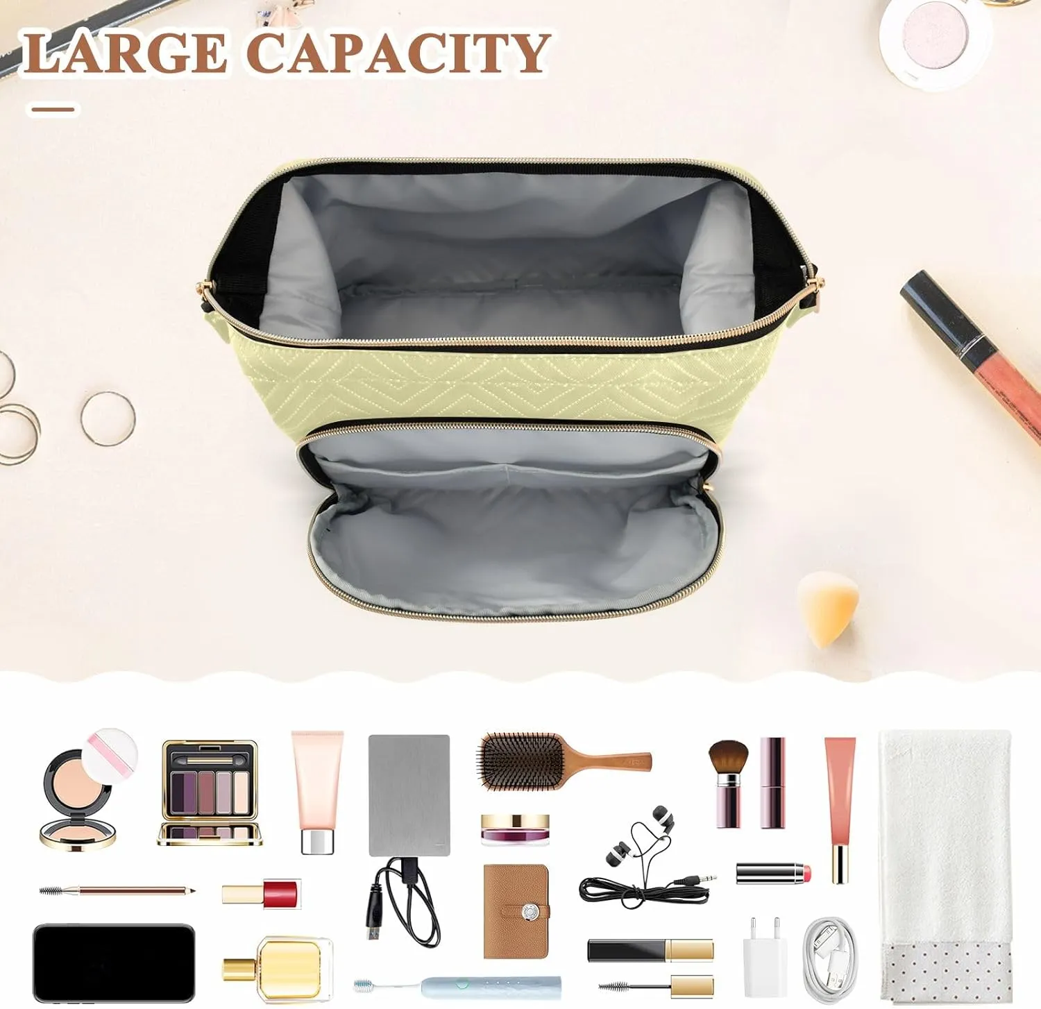 ODAWA Cosmetic Bags Pale Goldenrod Travel Makeup Organizer Case Roomy Cosmetic Bag for Women and Girls