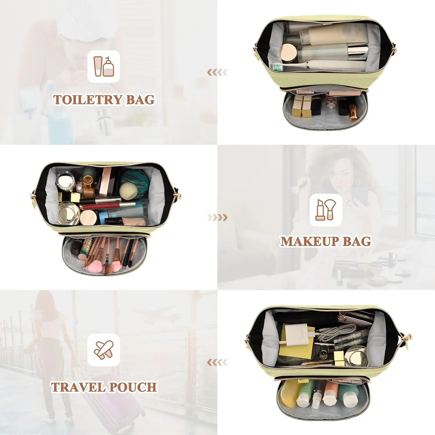 ODAWA Cosmetic Bags Pale Goldenrod Travel Makeup Organizer Case Roomy Cosmetic Bag for Women and Girls