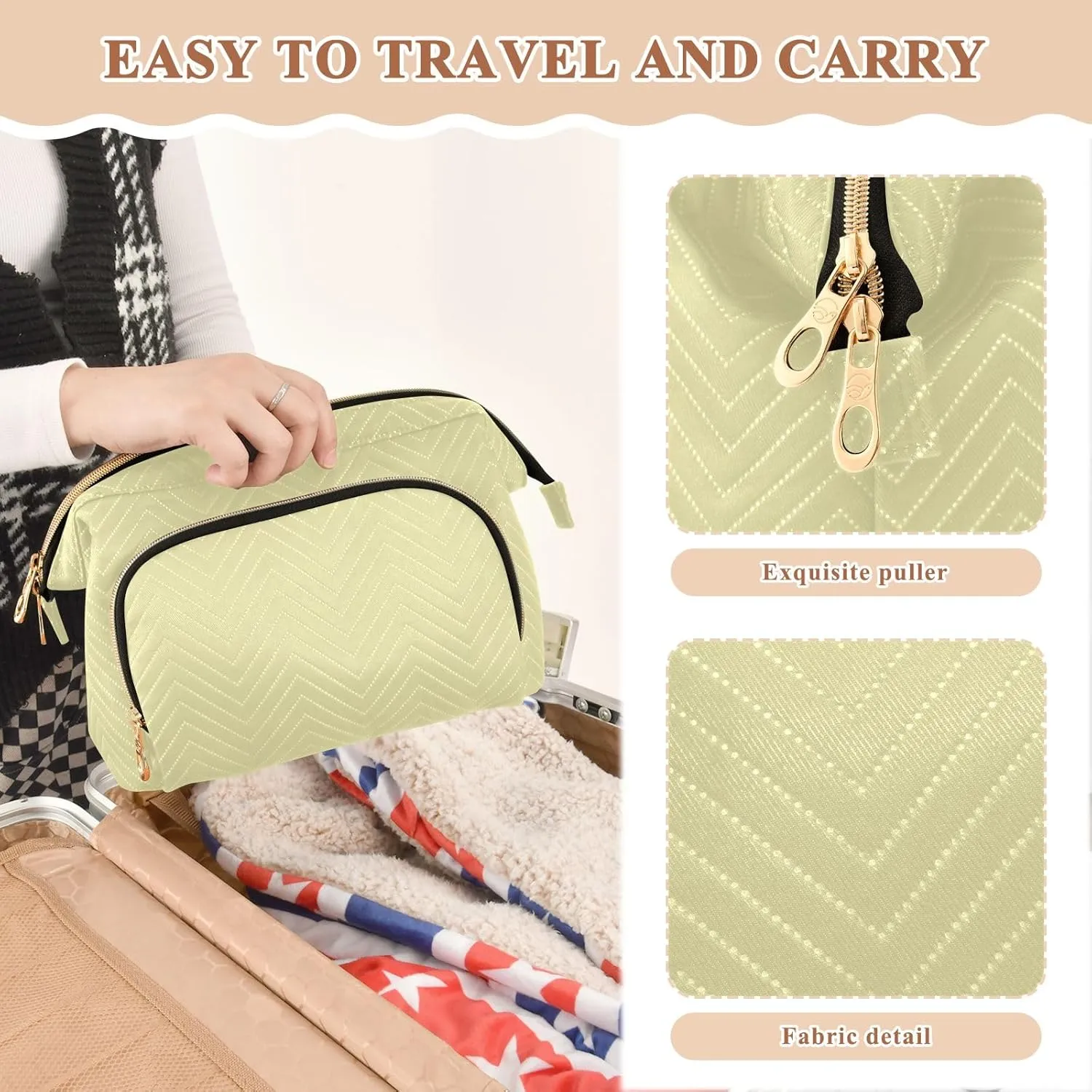ODAWA Cosmetic Bags Pale Goldenrod Travel Makeup Organizer Case Roomy Cosmetic Bag for Women and Girls