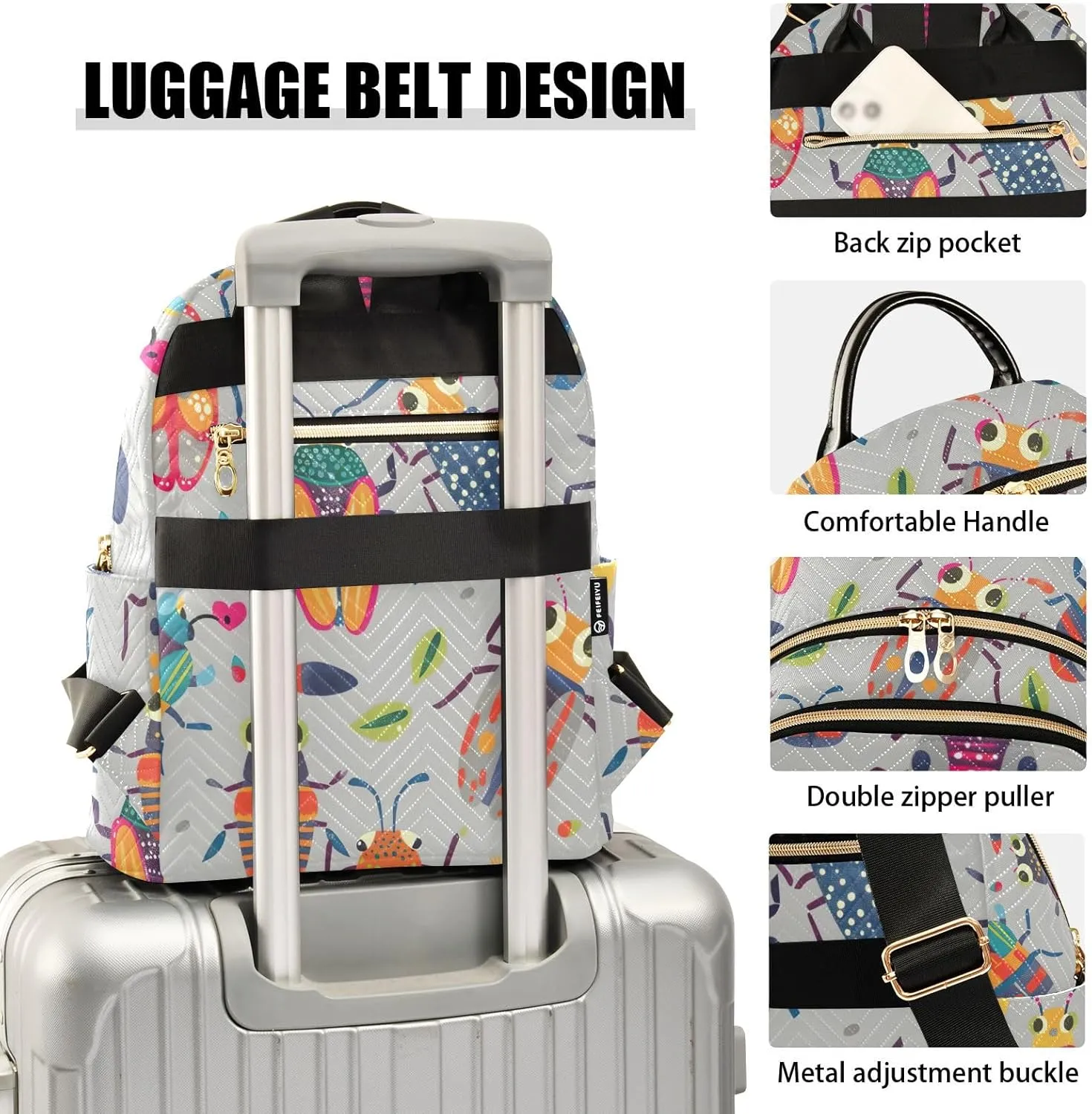 ODAWA Cute Beetle Grey Women Small Backpack Purse Quilted Backpack Purse for Women