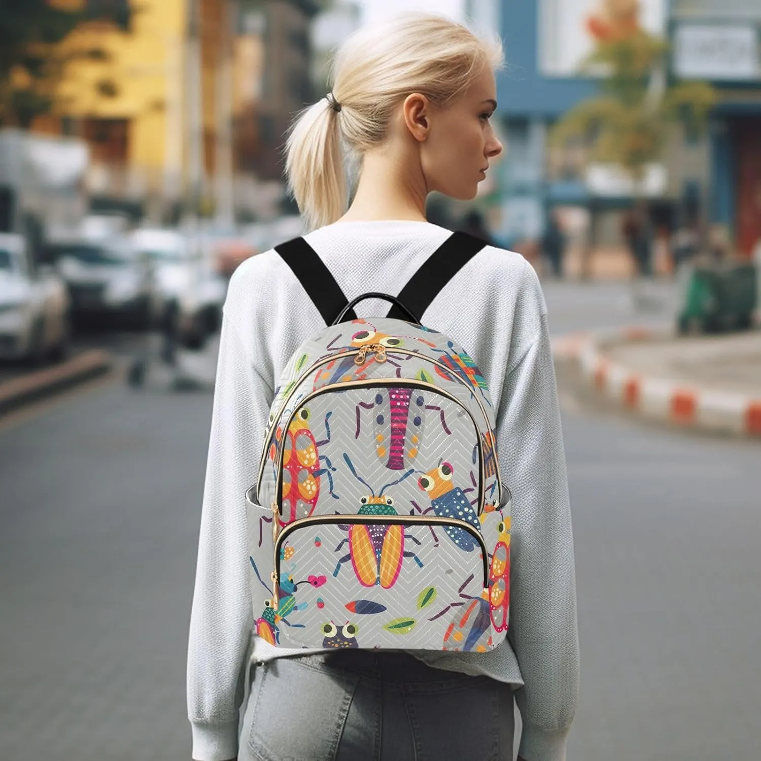 ODAWA Cute Beetle Grey Women Small Backpack Purse Quilted Backpack Purse for Women