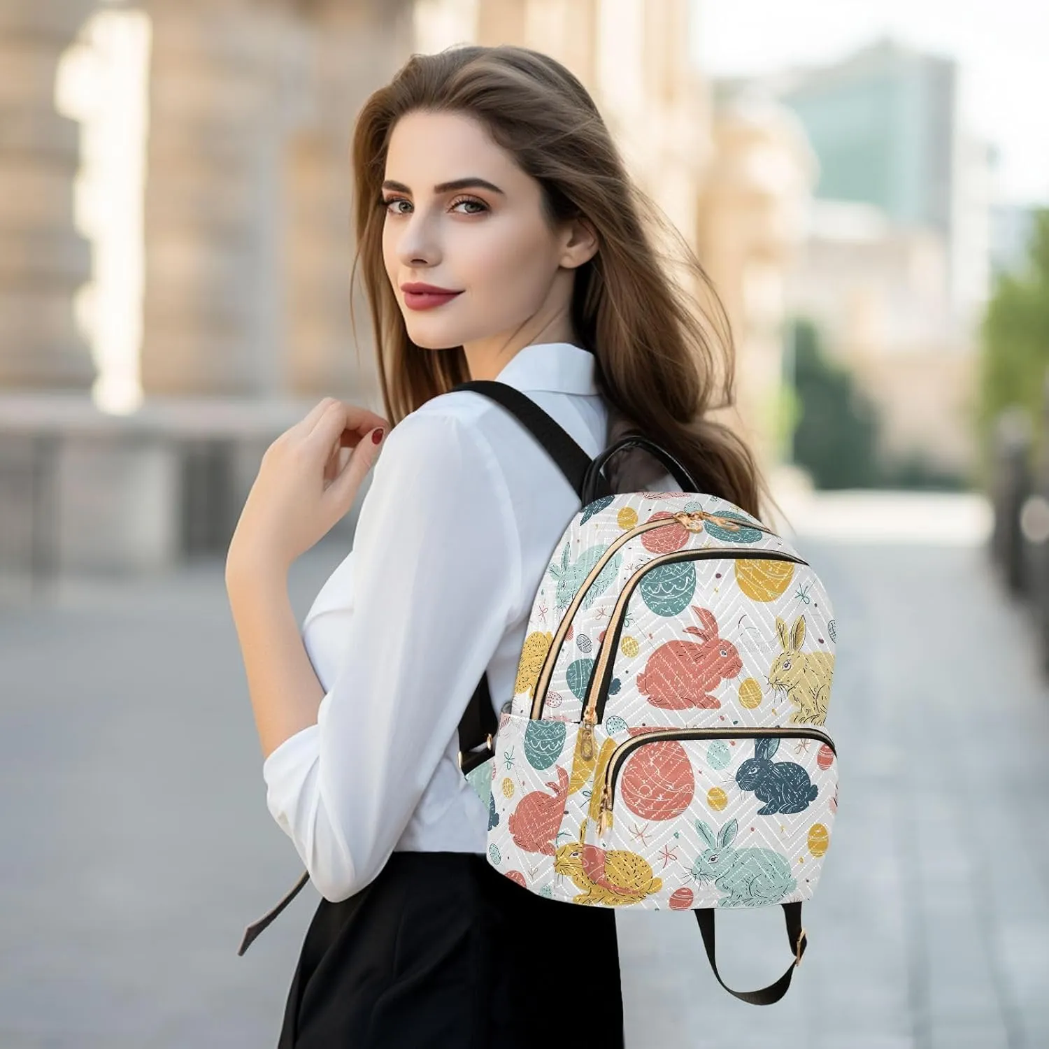 ODAWA Easter Eggs and Bunny Quilted Backpack for Women Mini Womens Backpack Travel Purse with Luggage Strap
