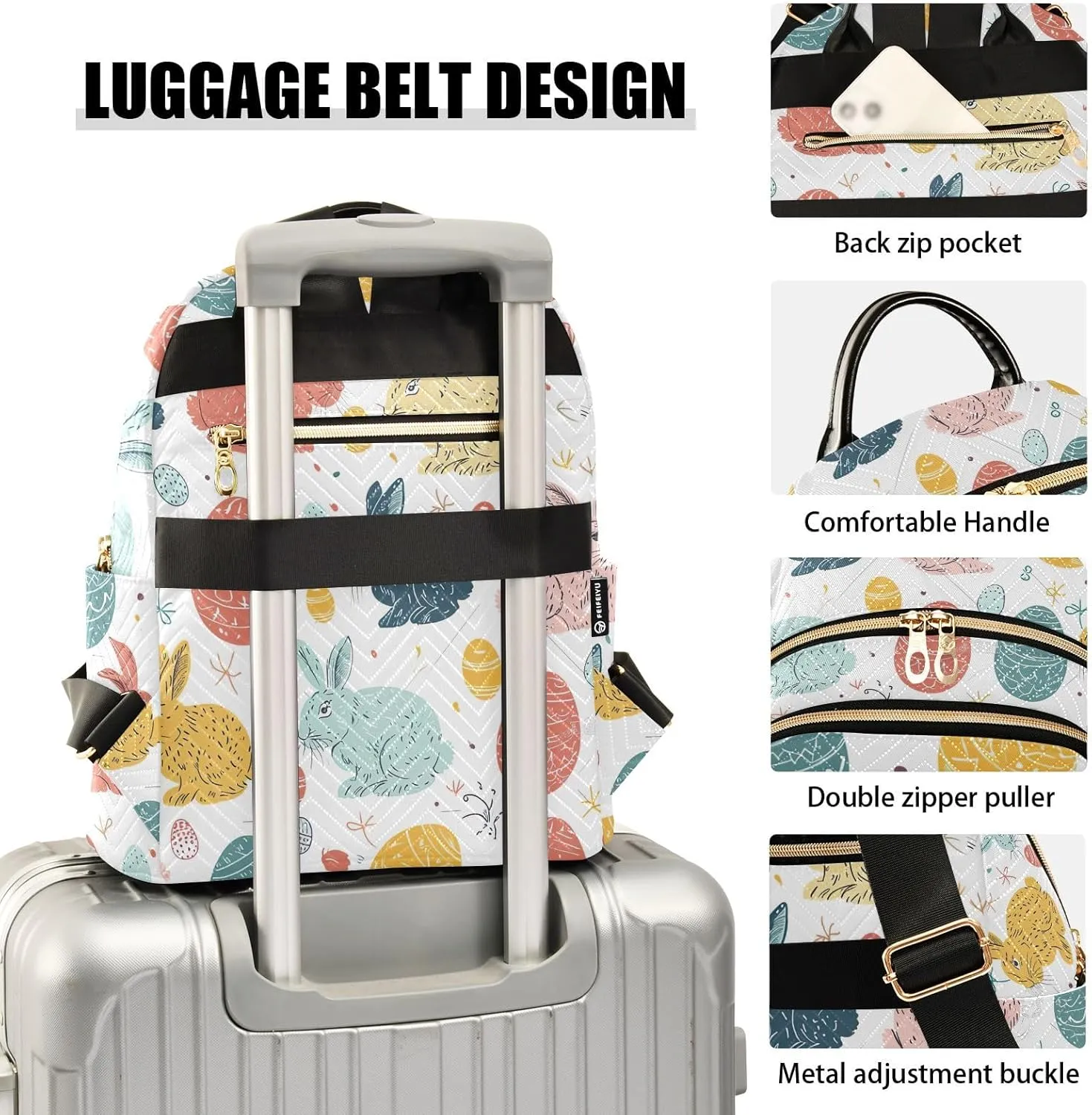 ODAWA Easter Eggs and Bunny Quilted Backpack for Women Mini Womens Backpack Travel Purse with Luggage Strap