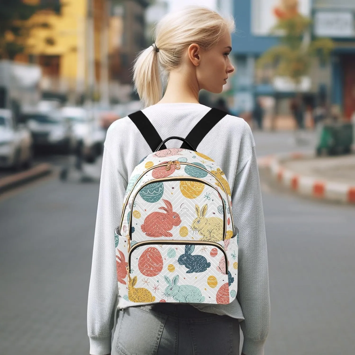 ODAWA Easter Eggs and Bunny Quilted Backpack for Women Mini Womens Backpack Travel Purse with Luggage Strap