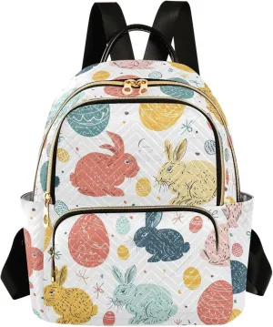 ODAWA Easter Eggs and Bunny Quilted Backpack for Women Mini Womens Backpack Travel Purse with Luggage Strap