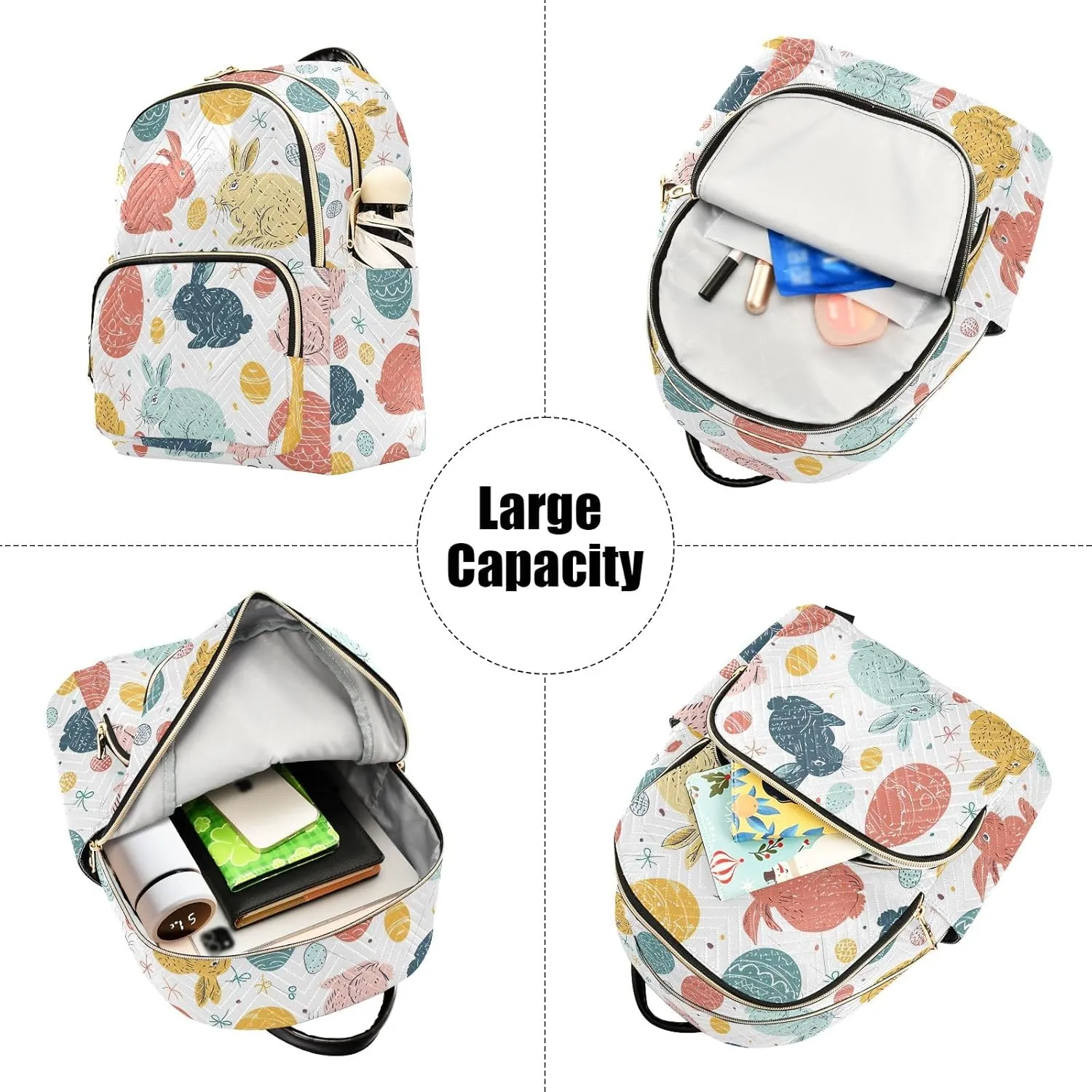 ODAWA Easter Eggs and Bunny Quilted Backpack for Women Mini Womens Backpack Travel Purse with Luggage Strap