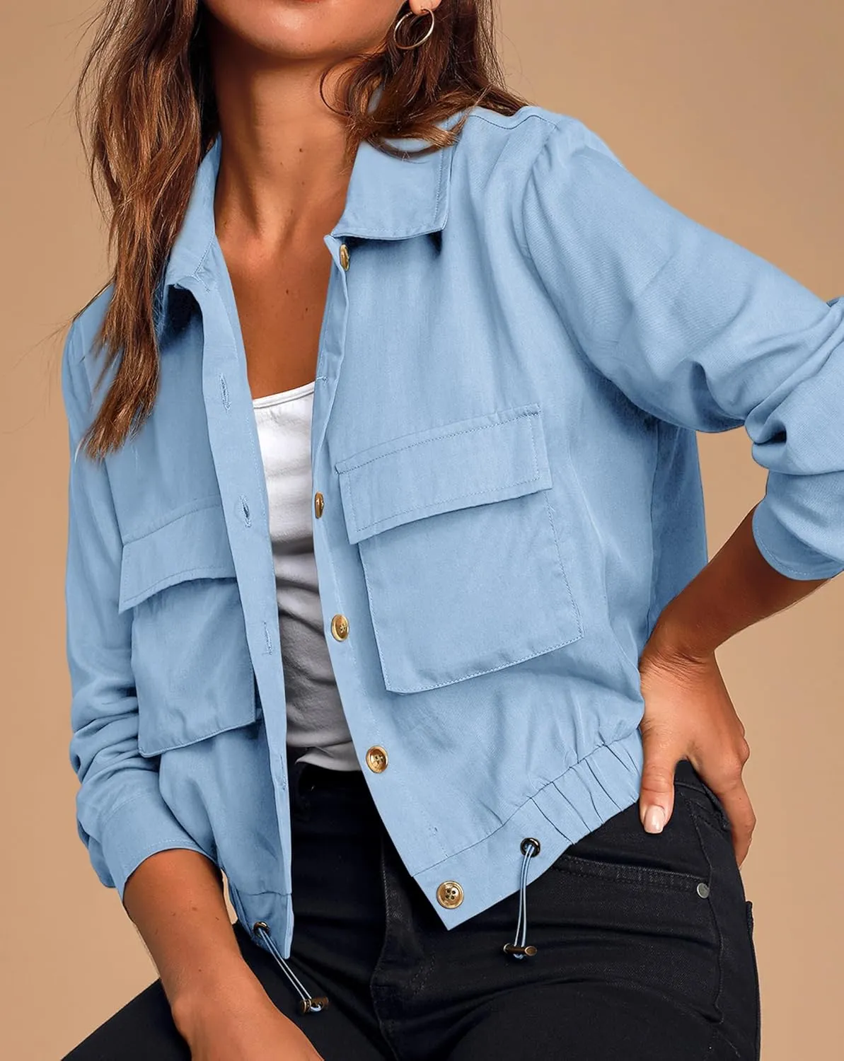 Onedreamer Women's Military Safari Cropped Jackets Button Down Lightweight Oversized Utility Anorak Coat with Pockets