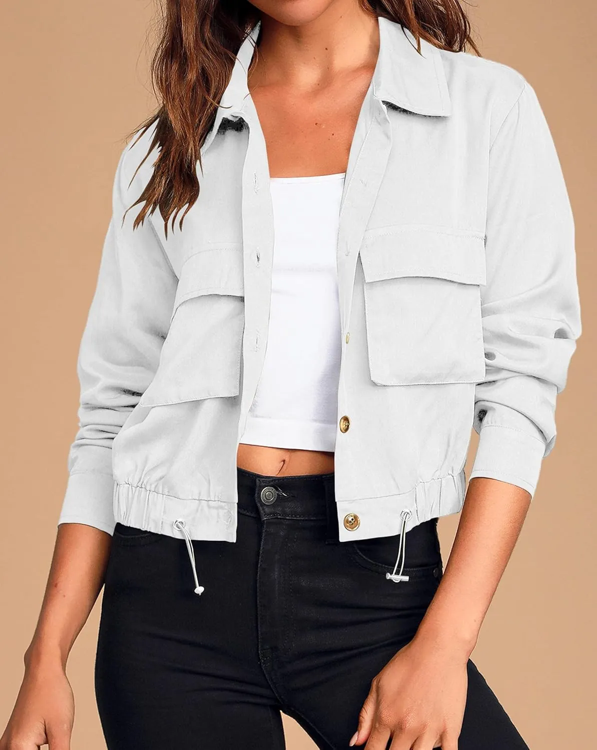 Onedreamer Women's Military Safari Cropped Jackets Button Down Lightweight Oversized Utility Anorak Coat with Pockets