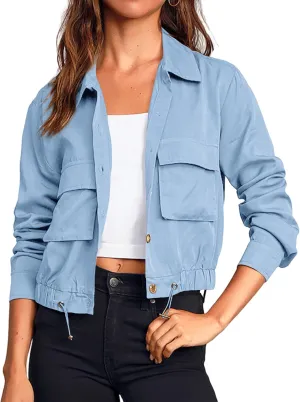 Onedreamer Women's Military Safari Cropped Jackets Button Down Lightweight Oversized Utility Anorak Coat with Pockets