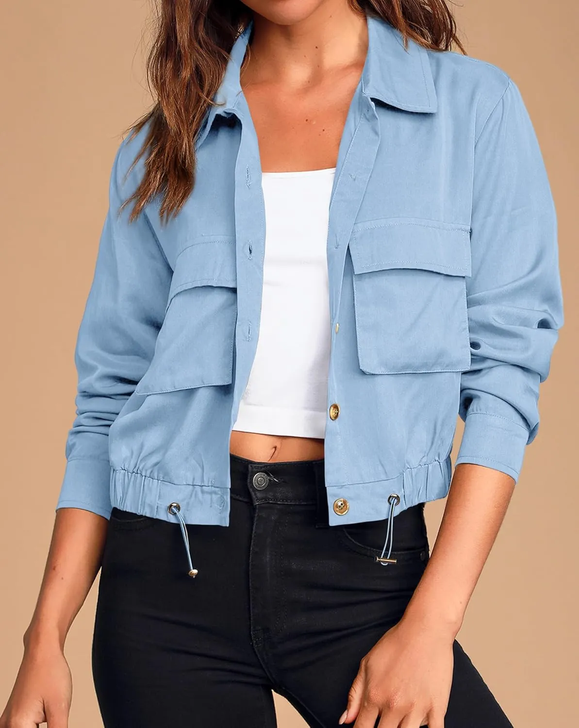 Onedreamer Women's Military Safari Cropped Jackets Button Down Lightweight Oversized Utility Anorak Coat with Pockets