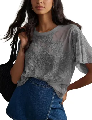 OPCAKM Women's Mesh Tops Y2K Short Sleeve Sheer Lace Embroidered Shirts Layering See Through Blouse