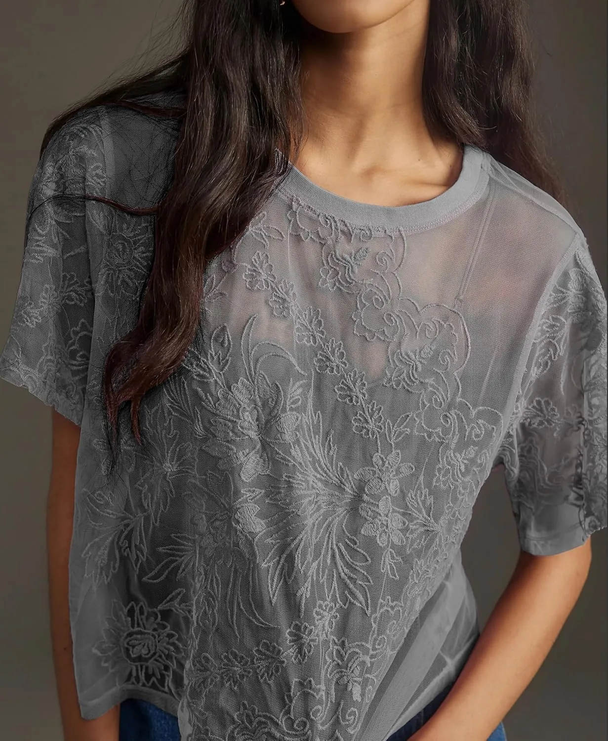 OPCAKM Women's Mesh Tops Y2K Short Sleeve Sheer Lace Embroidered Shirts Layering See Through Blouse