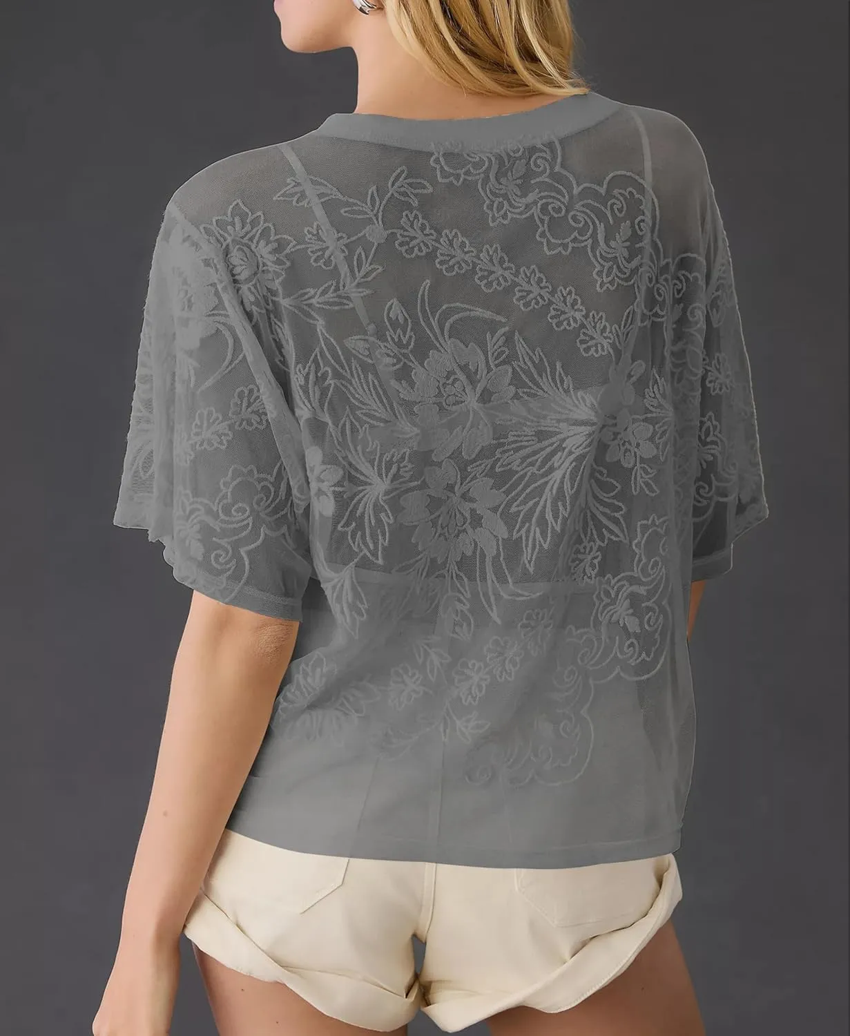 OPCAKM Women's Mesh Tops Y2K Short Sleeve Sheer Lace Embroidered Shirts Layering See Through Blouse