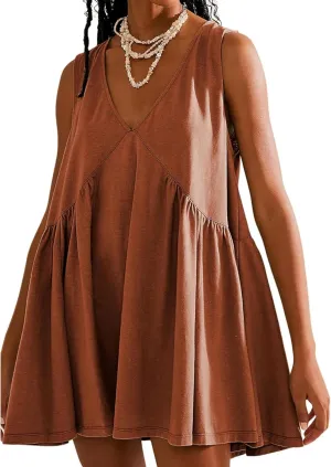 OPCAKM Women's V Neck Sleeveless Mini Dress Loose Summer Pleated Swing Flowy Sundress
