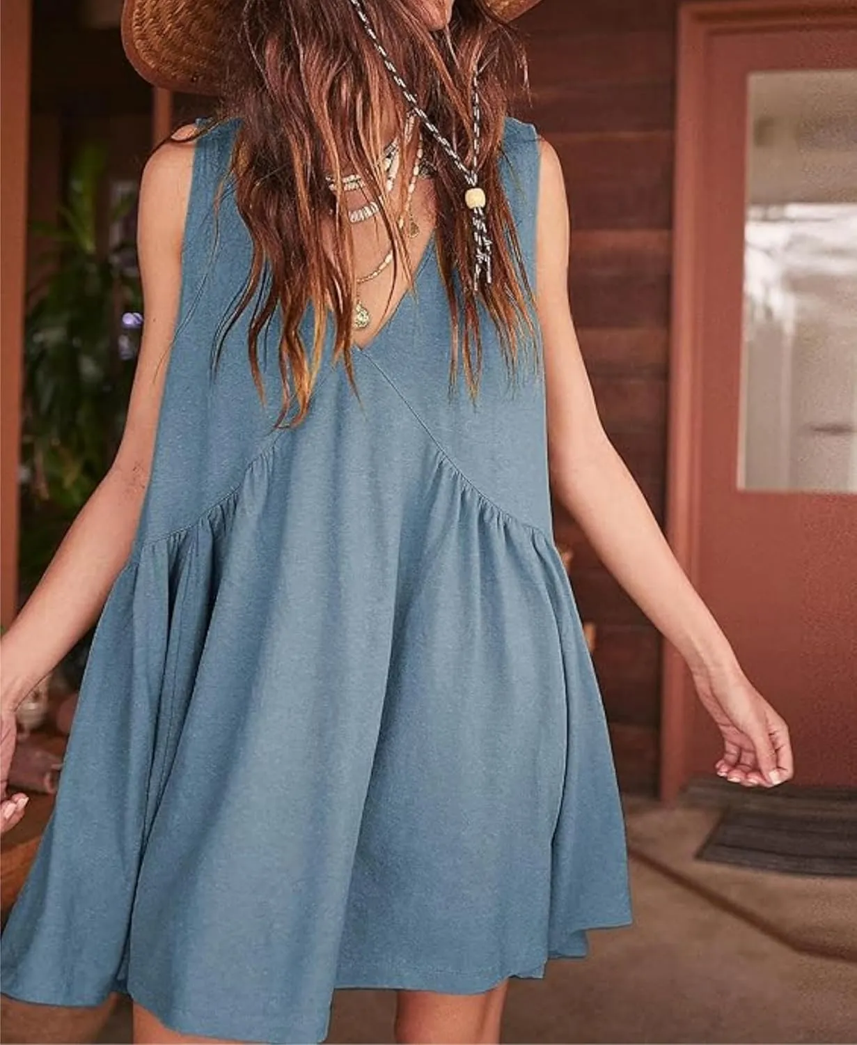 OPCAKM Women's V Neck Sleeveless Mini Dress Loose Summer Pleated Swing Flowy Sundress