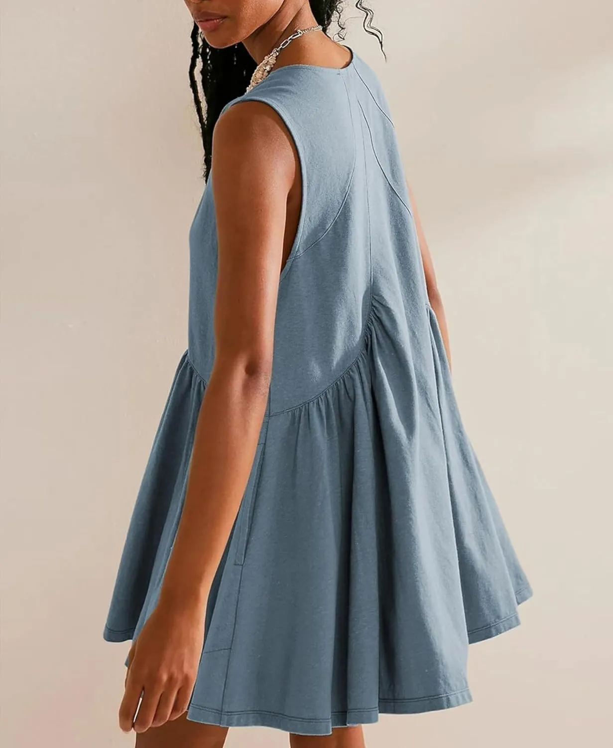 OPCAKM Women's V Neck Sleeveless Mini Dress Loose Summer Pleated Swing Flowy Sundress