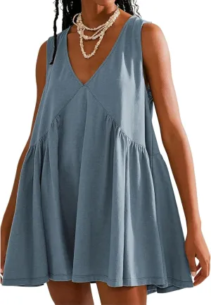OPCAKM Women's V Neck Sleeveless Mini Dress Loose Summer Pleated Swing Flowy Sundress
