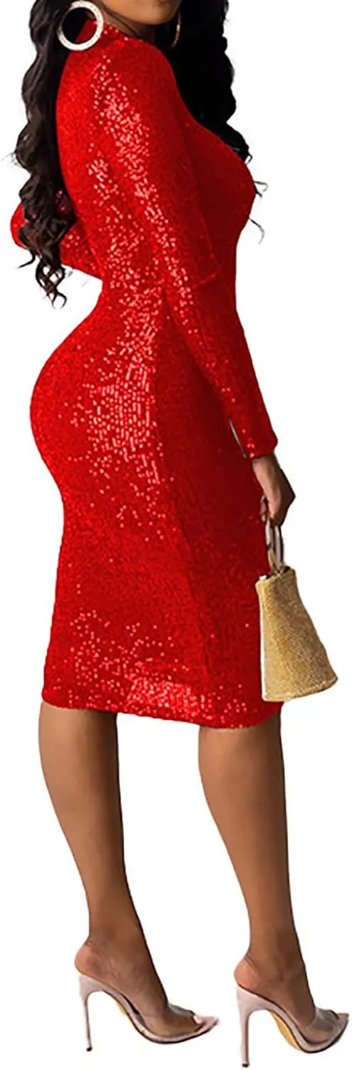 Oplxuo Sparkly Sequin Formal Dress for Women Mock Neck Long Sleeve Knee Length Bodycon Dress Glitter Club Cocktail Party Gown