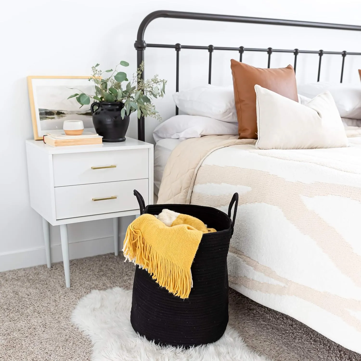 OrganiHaus Black Laundry Basket 15x18 | Tall Woven Baskets for Storage | Boho Blanket Basket Living Room | Large Basket for Storage | Soft Pillow Basket & Blanket Holder | Woven Laundry Hamper