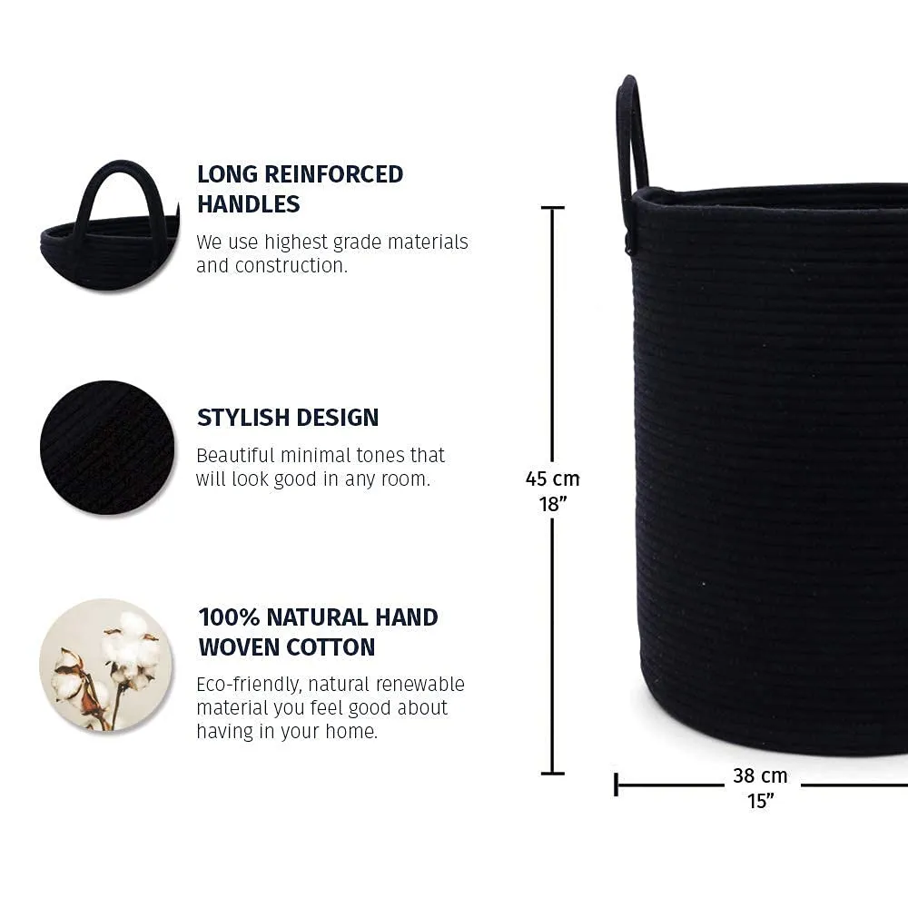 OrganiHaus Black Laundry Basket 15x18 | Tall Woven Baskets for Storage | Boho Blanket Basket Living Room | Large Basket for Storage | Soft Pillow Basket & Blanket Holder | Woven Laundry Hamper