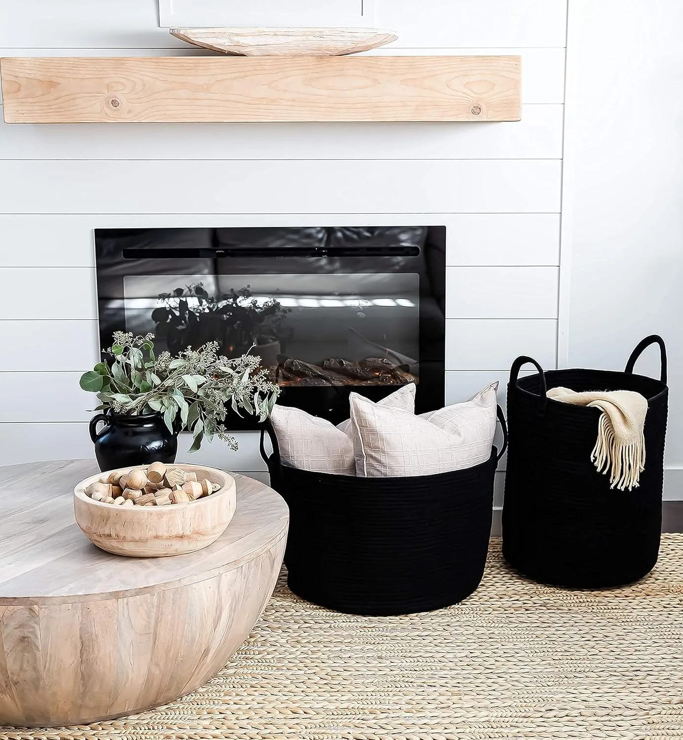 OrganiHaus Black Laundry Basket 15x18 | Tall Woven Baskets for Storage | Boho Blanket Basket Living Room | Large Basket for Storage | Soft Pillow Basket & Blanket Holder | Woven Laundry Hamper