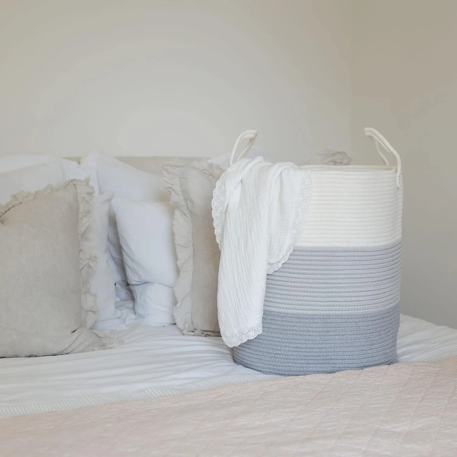 OrganiHaus Gray Nursery Laundry Basket 15x18, Farmhouse Hamper Basket, Extra Large Storage Basket, Blanket Basket for Living Room, Baby Laundry Hamper, Toy Basket for Kids, Soft Pillow Basket