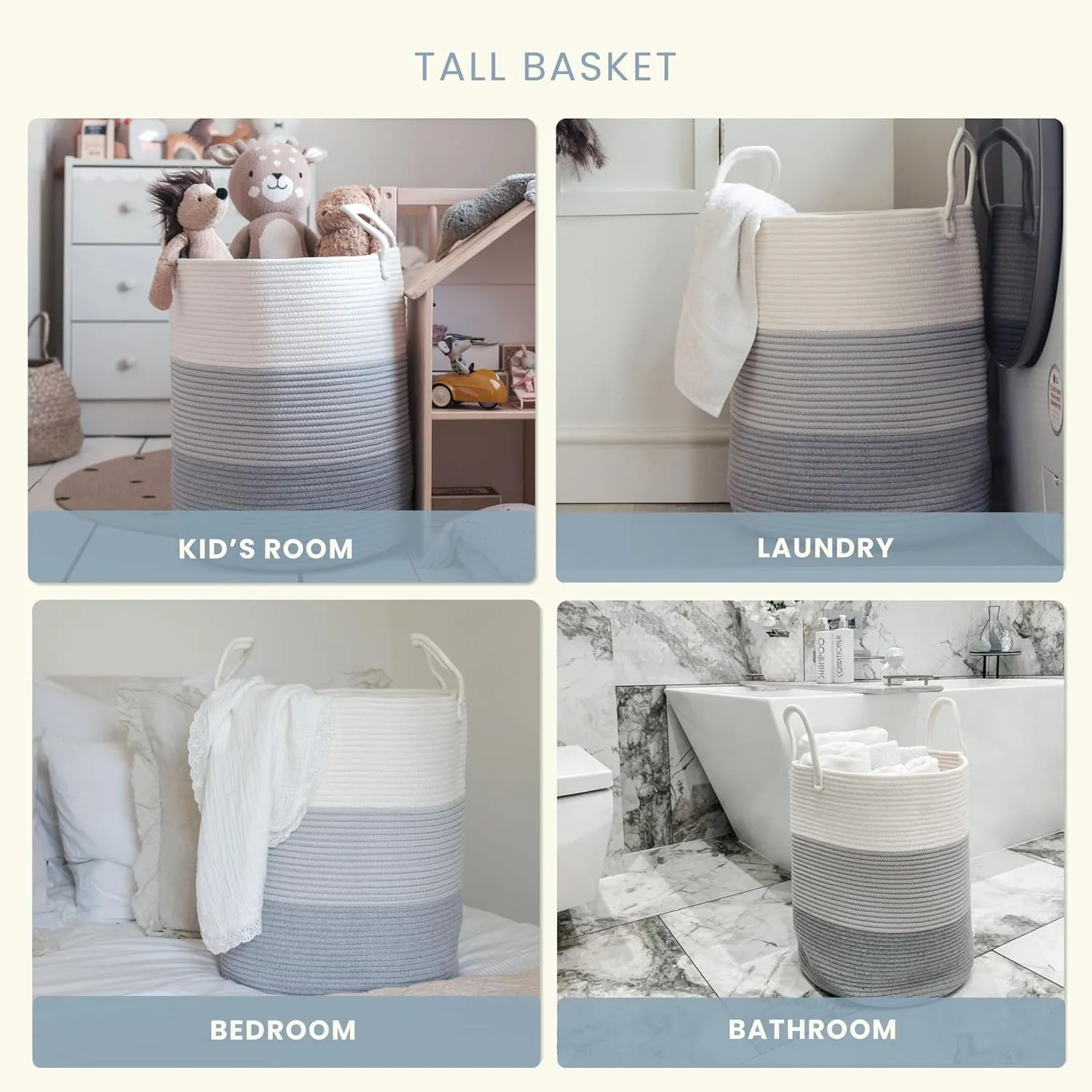OrganiHaus Gray Nursery Laundry Basket 15x18, Farmhouse Hamper Basket, Extra Large Storage Basket, Blanket Basket for Living Room, Baby Laundry Hamper, Toy Basket for Kids, Soft Pillow Basket