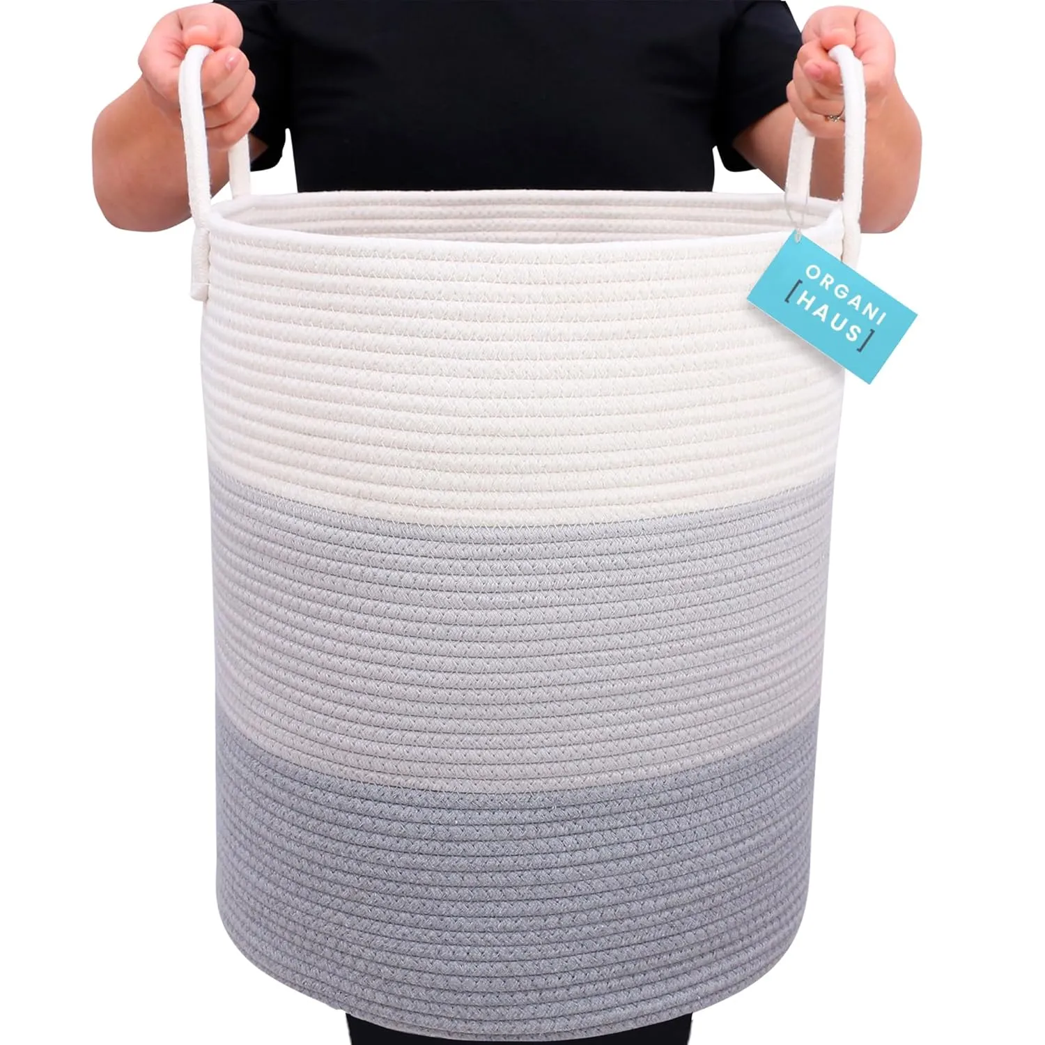 OrganiHaus Gray Nursery Laundry Basket 15x18, Farmhouse Hamper Basket, Extra Large Storage Basket, Blanket Basket for Living Room, Baby Laundry Hamper, Toy Basket for Kids, Soft Pillow Basket