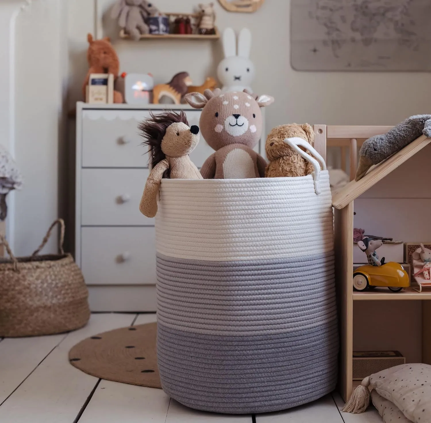 OrganiHaus Gray Nursery Laundry Basket 15x18, Farmhouse Hamper Basket, Extra Large Storage Basket, Blanket Basket for Living Room, Baby Laundry Hamper, Toy Basket for Kids, Soft Pillow Basket