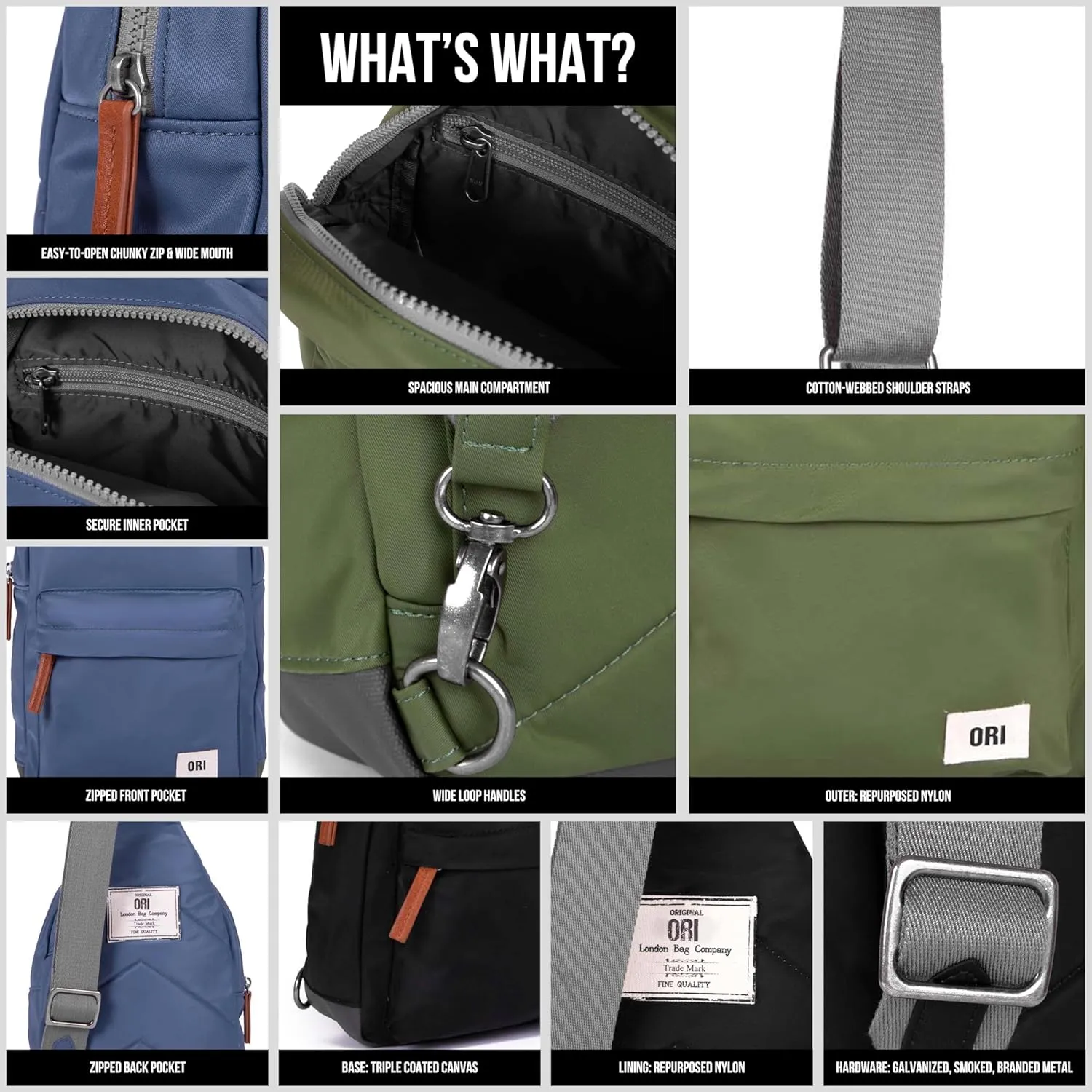 ORI LONDON Crossbody Bag - Large Nylon Travel Sling Bag for Women & Men with Chunky Zippers - The Willesden