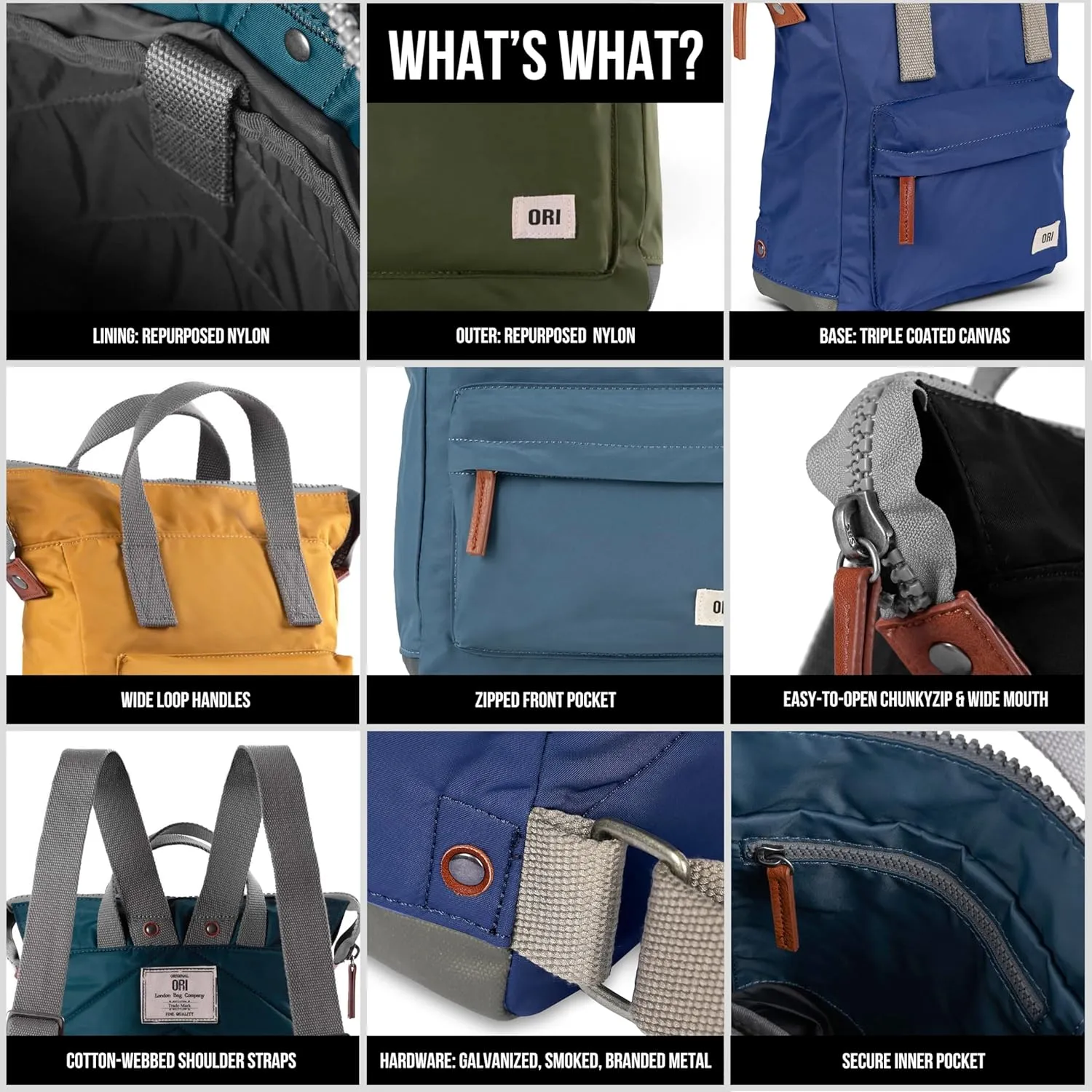 ORI LONDON Small Tote Bag Backpack - Nylon Tote Backpack for Women & Men - Wide Mouth, Chunky Zippers - The Bantry, Corn