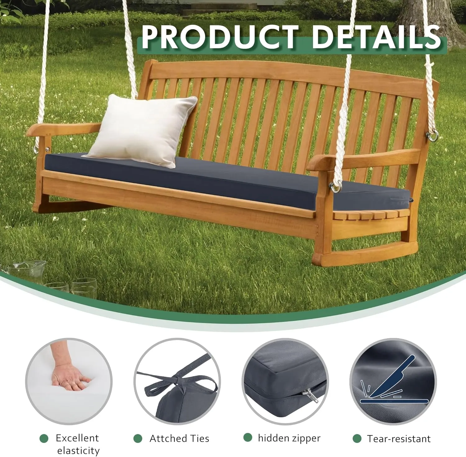 Outdoor Bench Cushion: Waterproof and Fade Resistant Patio Furniture Cushions - Non-Slip Bench Pad Cushion with Removable Cover for Garden Swing Porch Sofa Settee, 48 x 18 x 3 Inch, Dark Grey