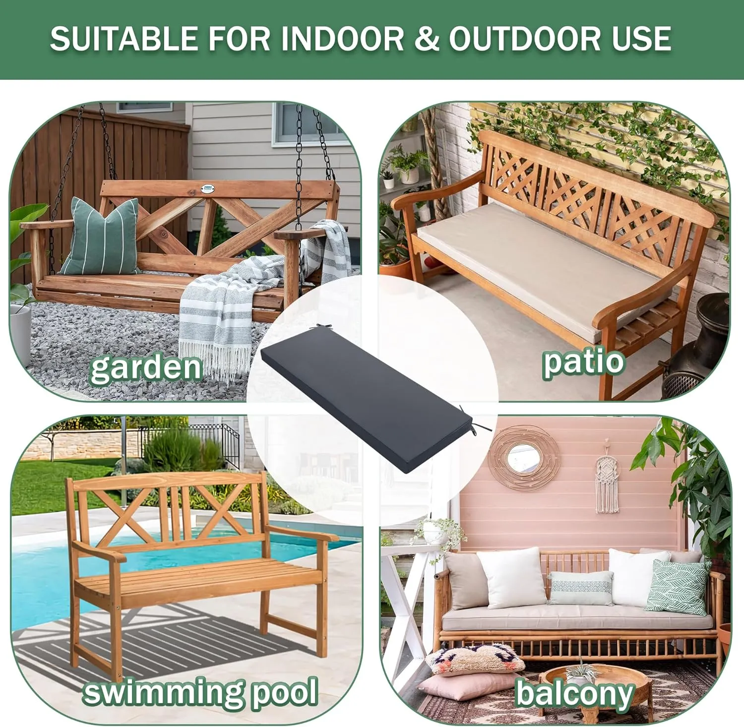 Outdoor Bench Cushion: Waterproof and Fade Resistant Patio Furniture Cushions - Non-Slip Bench Pad Cushion with Removable Cover for Garden Swing Porch Sofa Settee, 48 x 18 x 3 Inch, Dark Grey