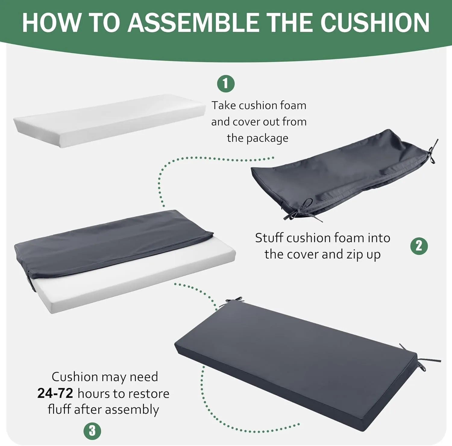 Outdoor Bench Cushion: Waterproof and Fade Resistant Patio Furniture Cushions - Non-Slip Bench Pad Cushion with Removable Cover for Garden Swing Porch Sofa Settee, 48 x 18 x 3 Inch, Dark Grey