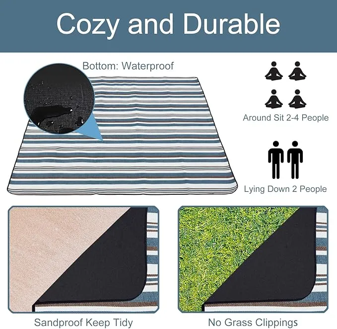 Outdoor Picnic Blanket with Bag, 60'' x 80'' Comfortable Picnic Mat for Should Strap, Foldable Outdoor Blanket for Park Beach Travel Camping Yard Outdoor Concerts (Stripe)