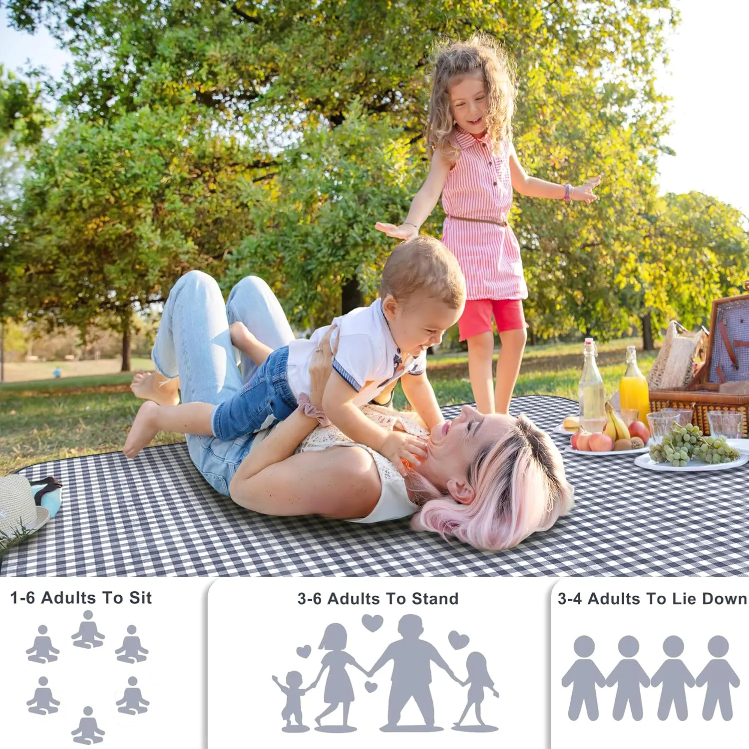 Outdoor Picnic Blankets Waterproof Foldable, Large Beach Blanket Sandproof, Gingham Picnic Mat Cute Washable Portable (Navy Blue, 80"×80")