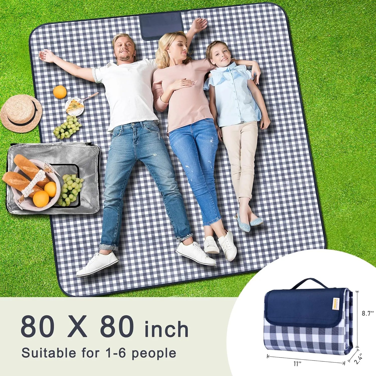 Outdoor Picnic Blankets Waterproof Foldable, Large Beach Blanket Sandproof, Gingham Picnic Mat Cute Washable Portable (Navy Blue, 80"×80")