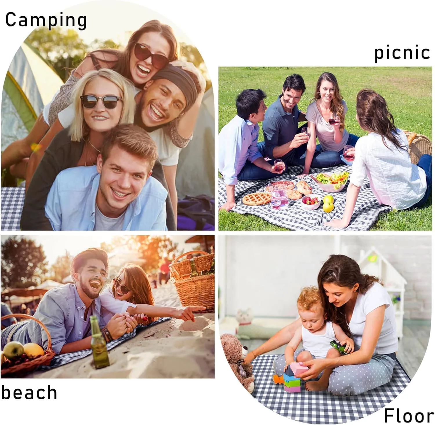Outdoor Picnic Blankets Waterproof Foldable, Large Beach Blanket Sandproof, Gingham Picnic Mat Cute Washable Portable (Navy Blue, 80"×80")