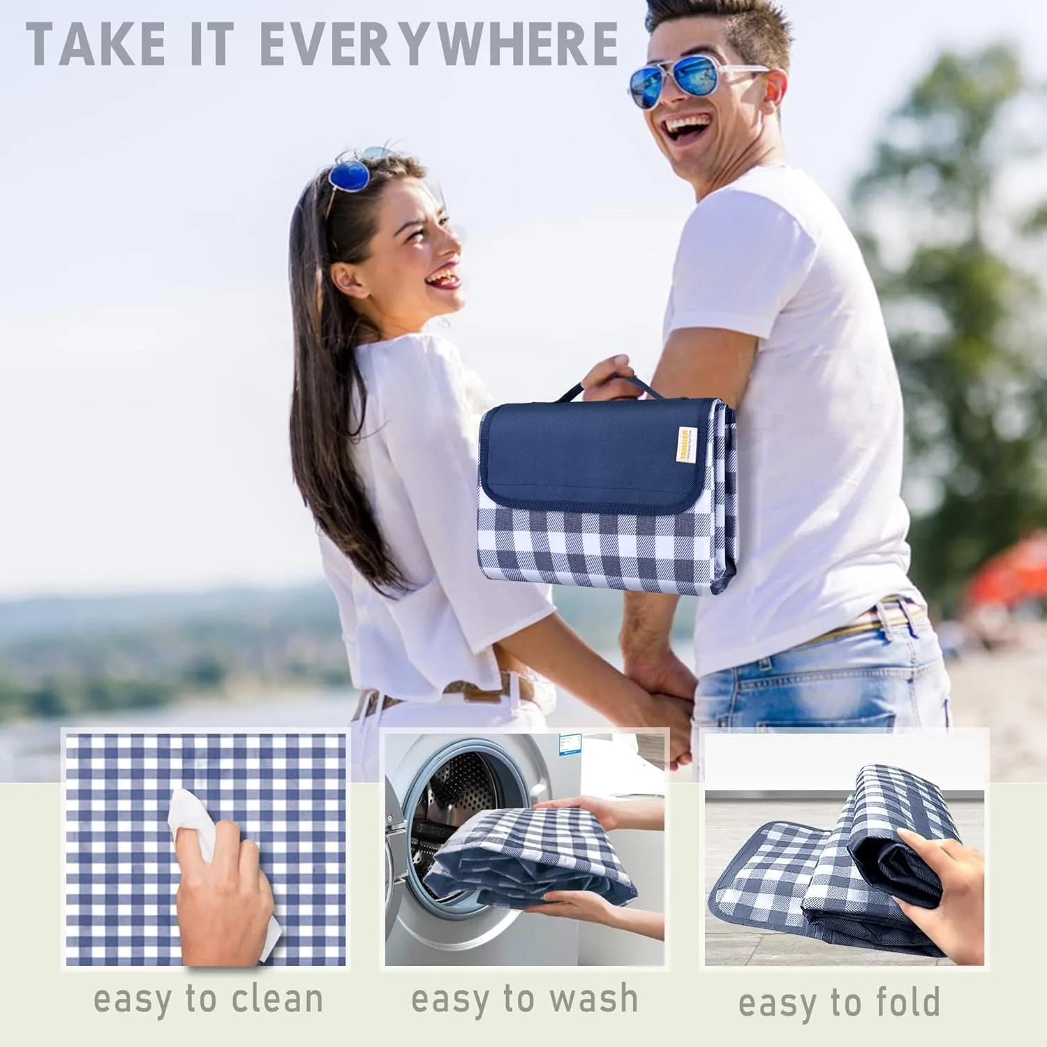 Outdoor Picnic Blankets Waterproof Foldable, Large Beach Blanket Sandproof, Gingham Picnic Mat Cute Washable Portable (Navy Blue, 80"×80")
