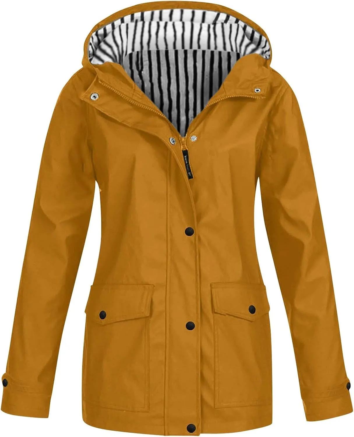 Outdoor Rain Jacket for Women Lightweight Waterproof Windbreaker Long Hooded Trench Coat Stripes Lined Travel Jackets