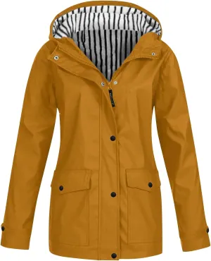 Outdoor Rain Jacket for Women Lightweight Waterproof Windbreaker Long Hooded Trench Coat Stripes Lined Travel Jackets