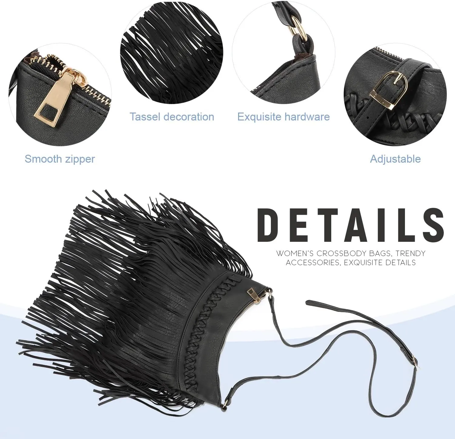 Oweisong Leather Fringe Purse for Women Trendy Western Tassel Crossbody Bag Vintage Hobo Black Shoulder Messenger Bag