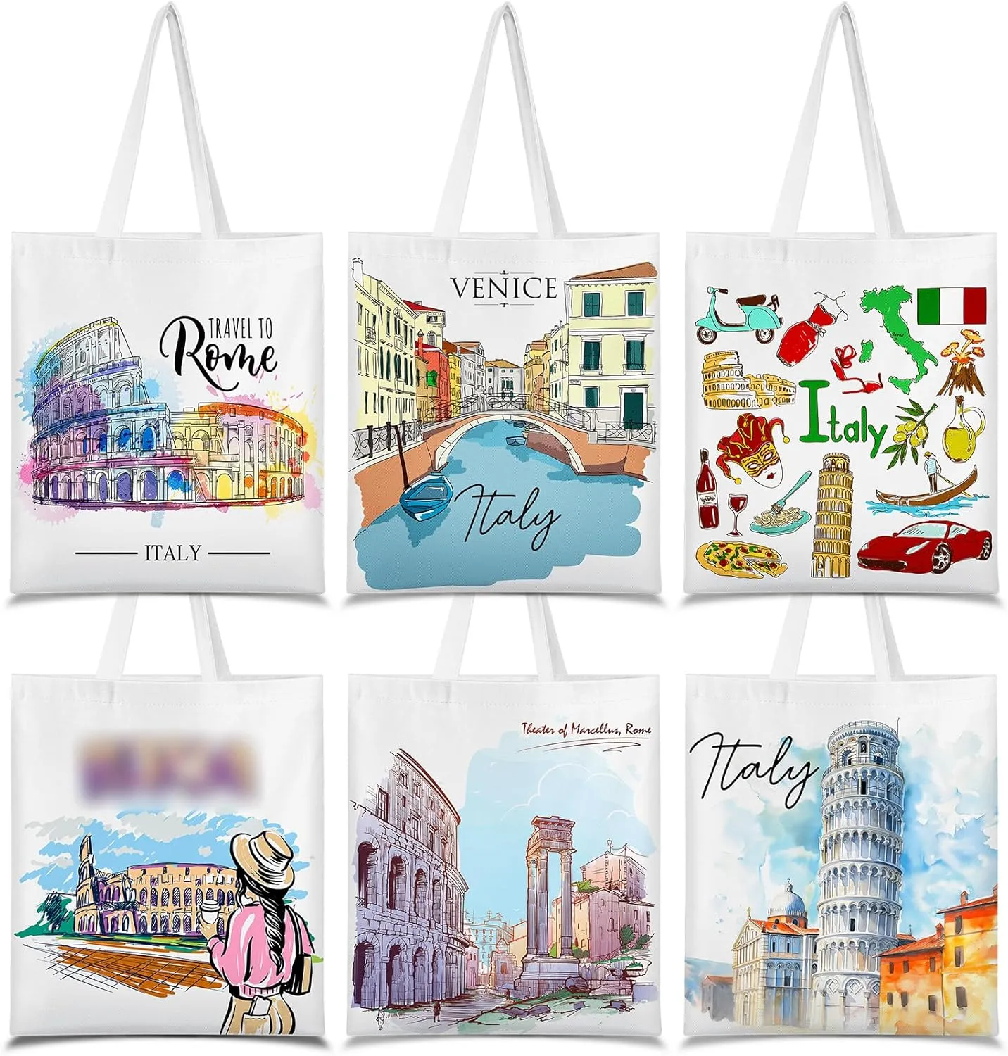 Paterr 6 Pcs Italy Souvenir Gifts Tote Bags Canvas City Themed Grocery Shopping Bag Tote City Travel Souvenirs Gifts for Women