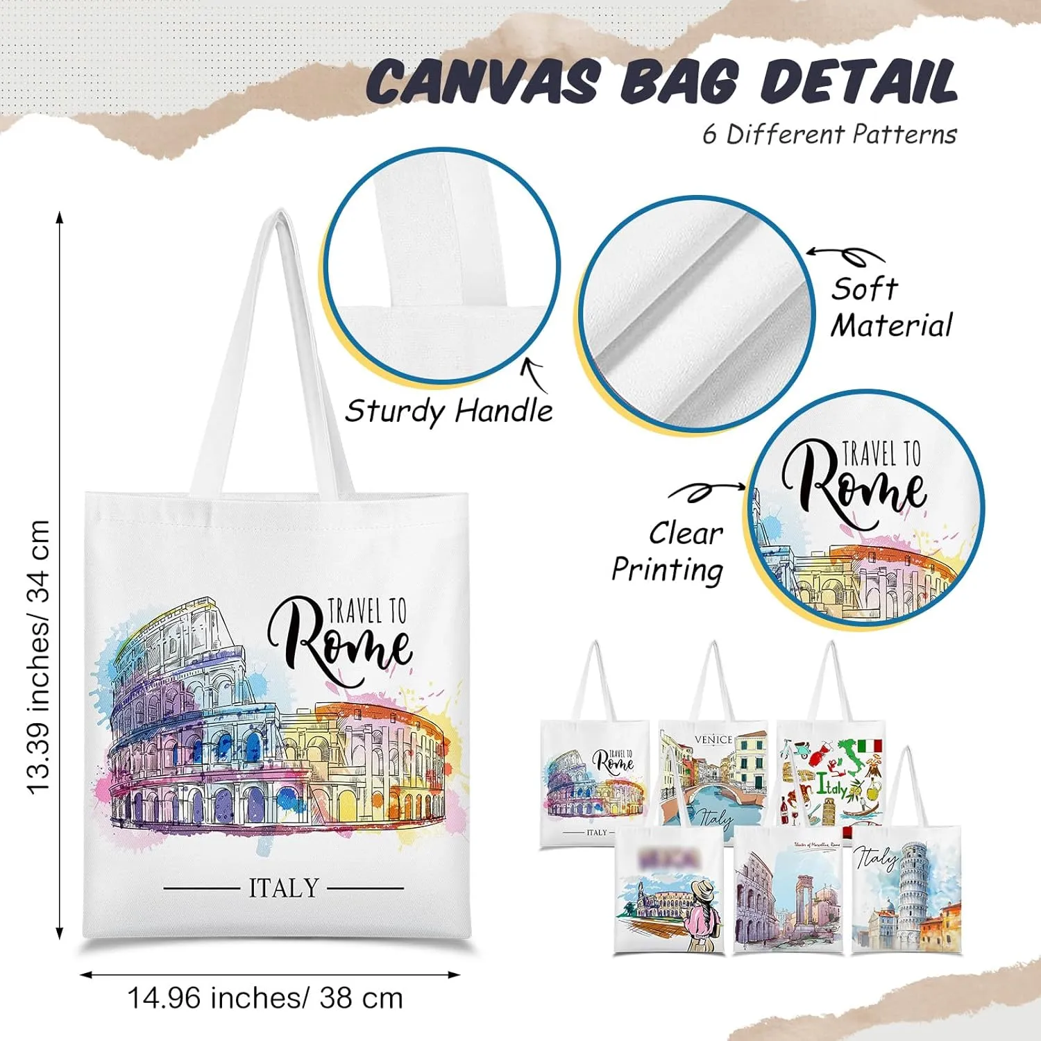 Paterr 6 Pcs Italy Souvenir Gifts Tote Bags Canvas City Themed Grocery Shopping Bag Tote City Travel Souvenirs Gifts for Women